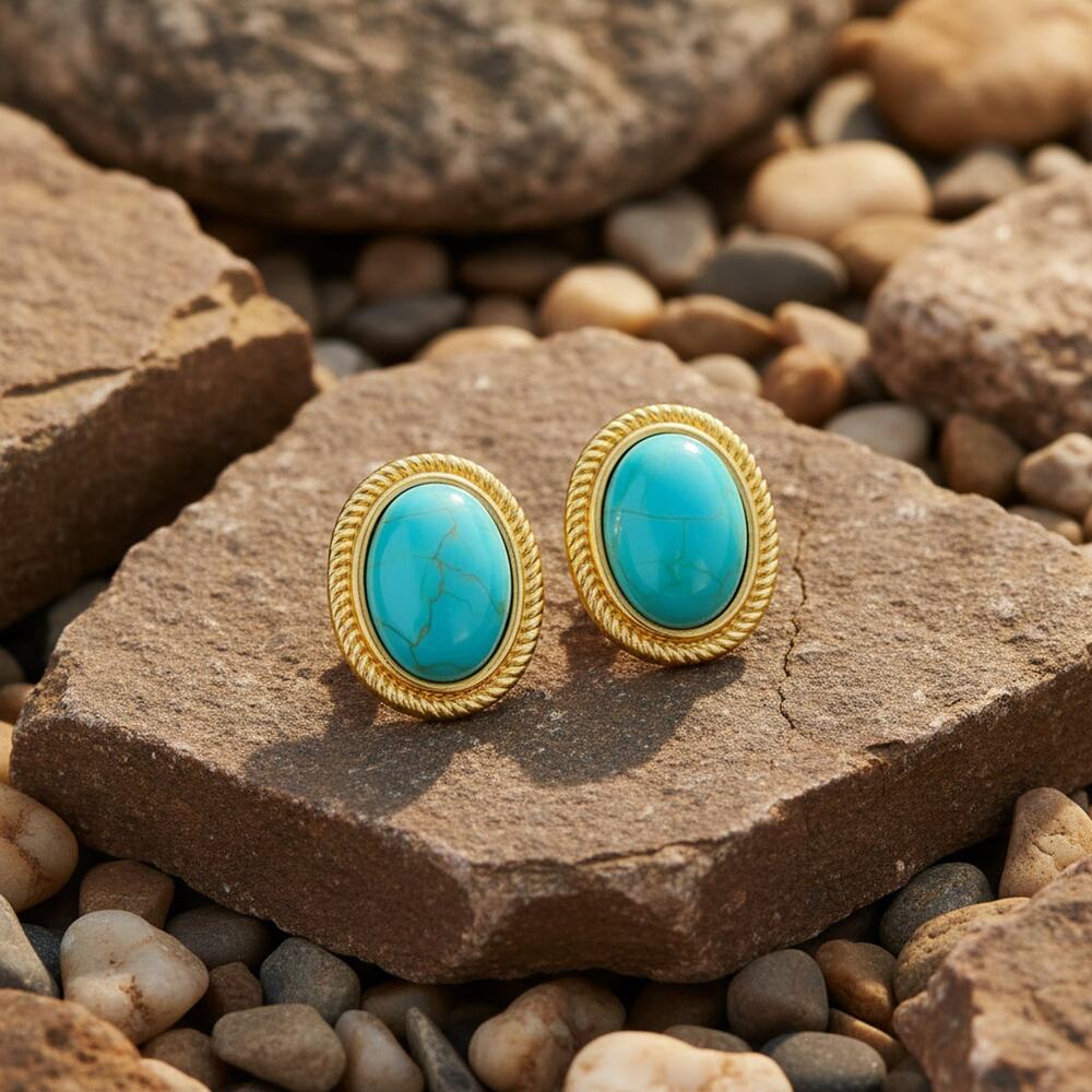 Clip on 1" matte gold and turquoise oval button style earrings